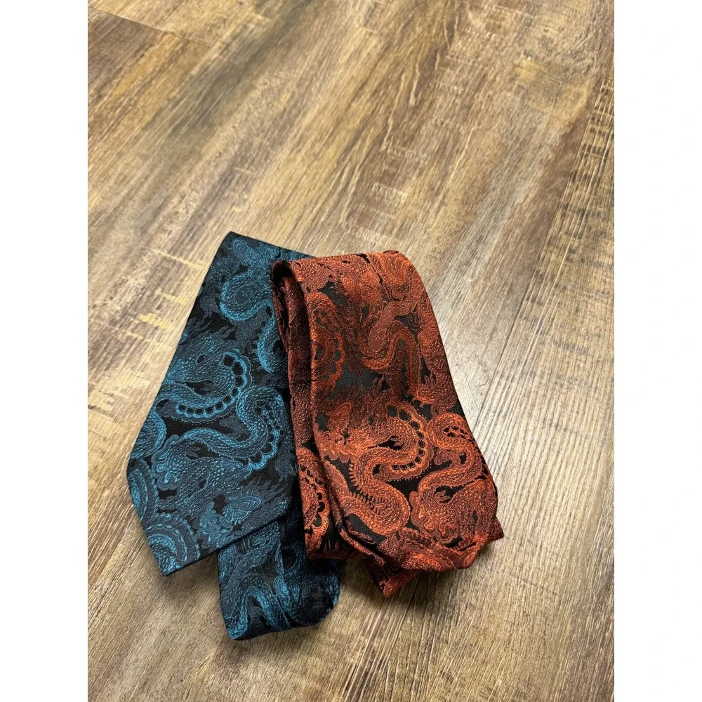 J. Ferrar Dragon Jacquard Necktie‎ Set Teal & Orange Woven Silk-Look Ties 2pc